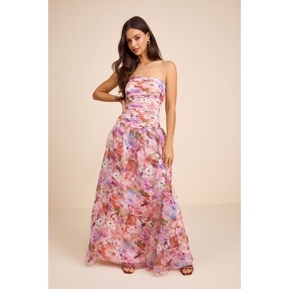 NWT Lulus Kasandra Pink Multi Floral Organza Drop Waist Maxi Dress Large